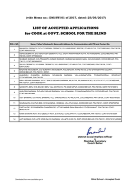 LIST of ACCEPTED APPLICATIONS for COOK at GOVT. SCHOOL for the BLIND