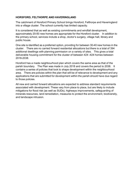 HORSFORD, FELTHORPE and HAVERINGLAND the Catchment of Horsford Primary School Brings Horsford, Felthorpe and Haveringland Into a Village Cluster
