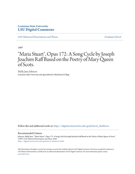"Maria Stuart", Opus 172: a Song Cycle by Joseph Joachim Raff Ab Sed on the Poetry of Mary Queen of Scots
