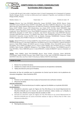 COMPTE RENDU DU CONSEIL COMMUNAUTAIRE Du 8 Octobre 2019 À Vigneulles