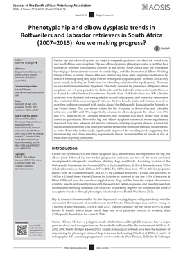 Phenotypic Hip and Elbow Dysplasia Trends in Rottweilers and Labrador Retrievers in South Africa (2007–2015): Are We Making Progress?