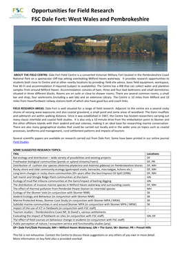 Opportunities for Field Research FSC Dale Fort: West Wales and Pembrokeshire