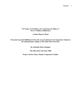 Mangino 1 “To Congo, to Colombo, Can't Stereotype My Thing Yo:” M.I.A.'S Politics of Difference a Senior Honors Thesis P