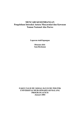 MENCARI KESEIMBANGAN Pengelolaan Interaksi Antara Masyarakat Dan Kawasan Taman Nasional Alas Purwo