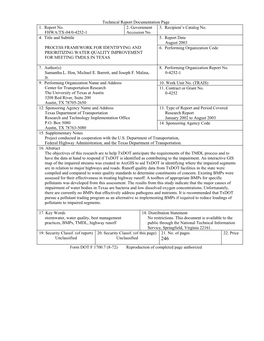 Process Framework for Identifying and Prioritizing Water Quality Improvement for Meeting Tmdls in Texas