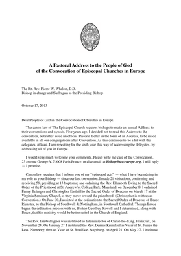 A Pastoral Address to the People of God of the Convocation of Episcopal Churches in Europe