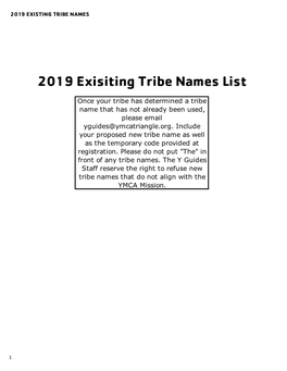 2019 Existing Tribe Names