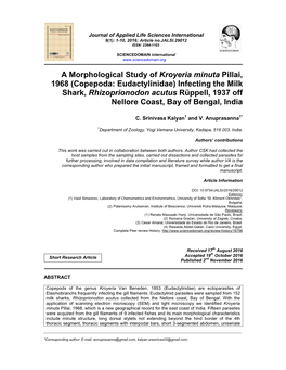 Copepoda: Eudactylinidae) Infecting the Milk Shark, Rhizoprionodon Acutus Rüppell, 1937 Off Nellore Coast, Bay of Bengal, India