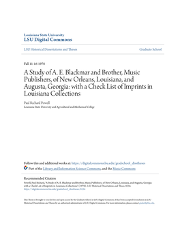 A Study of AE Blackmar and Brother, Music Publishers, of New