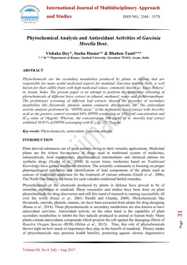 Phytochemical Analysis and Antioxidant Activities of Garcinia Morella Desr