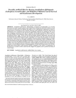 Pourable Artificial Diet for Rearing Anoplophora Glabripennis (Coleoptera:- Ceramb~Cidae)And Methods to Optimize- Larval Survival and Synchronize Development