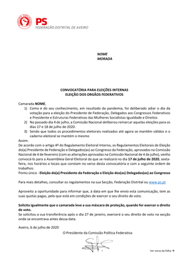 FEDERAÇÃO DISTRITAL DE AVEIRO O Presidente Da Comissão Política Federativa CONVOCATÓRIA PARA ELEIÇÕES INTE