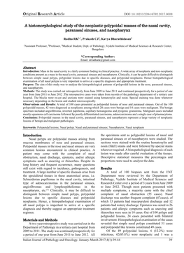 A Histomorphological Study of the Neoplastic Polypoidal Masses of the Nasal Cavity, Paranasal Sinuses, and Nasopharynx