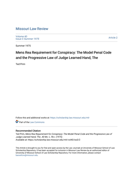 Mens Rea Requirement for Conspiracy: the Model Penal Code and the Progressive Law of Judge Learned Hand, The