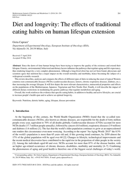 Diet and Longevity: the Effects of Traditional Eating Habits on Human Lifespan Extension