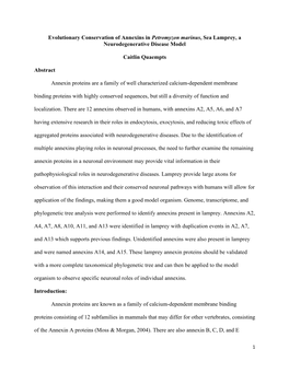 Evolutionary Conservation of Annexins in Petromyzon Marinus, Sea Lamprey, a Neurodegenerative Disease Model