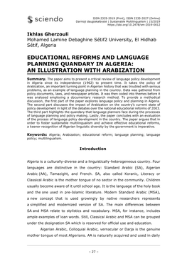 Educational Reforms and Language Planning Quandary in Algeria: an Illustration with Arabization
