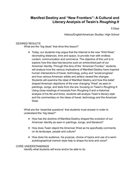 Manifest Destiny and “New Frontiers”: a Cultural and Literary Analysis of Twain’S Roughing It