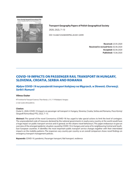 Covid-19 Impacts on Passenger Rail Transport in Hungary, Slovenia, Croatia, Serbia and Romania