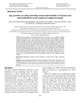 Research Article Age, Growth, Sex Ratio, Spawning Season And
