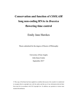 Conservation and Function of COOLAIR Long Non-Coding Rnas in Brassica Flowering Time Control