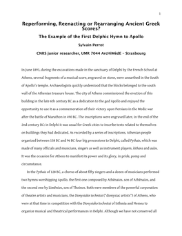 Reperforming, Reenacting Or Rearranging Ancient Greek Scores? the Example of the First Delphic Hymn to Apollo