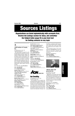 Sources Listings Organizations Are Listed Alphabetically with Acronyms First