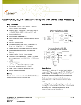 GS2960 3Gb/S, HD, SD SDI Receiver Complete with SMPTE Video Processing