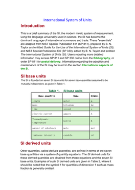 International System of Units Introduction SI Base Units SI Derived