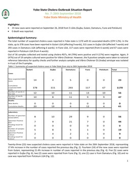 Yobe State Cholera Outbreak Situation Report No. 7: 26Th September 2018 Yobe State Ministry of Health