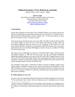 Political Economy of Tax Reform in Australia Public Policy, Vol 1, Issue 1, 2006