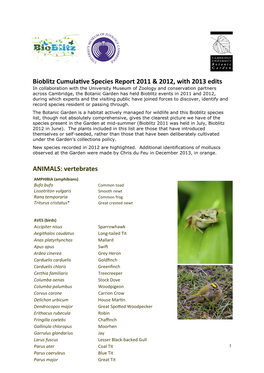 Bioblitz Cumulative Species Report 2011 & 2012, with 2013 Edits