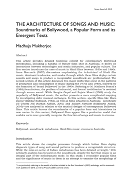 THE ARCHITECTURE of SONGS and MUSIC: Soundmarks of Bollywood, a Popular Form and Its Emergent Texts