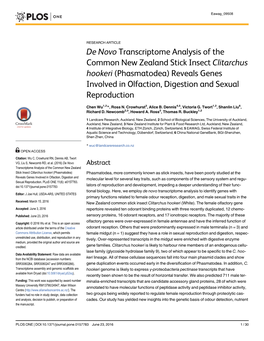 De Novo Transcriptome Analysis of the Common New Zealand Stick Insect Clitarchus Hookeri