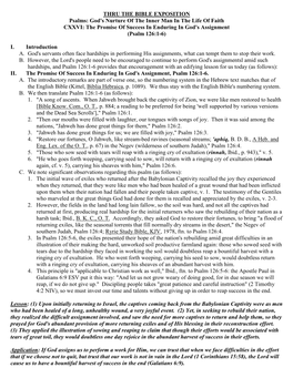 THRU the BIBLE EXPOSITION Psalms: God's Nurture of the Inner Man in the Life of Faith CXXVI: the Promise of Success in Enduring in God's Assignment (Psalm 126:1-6)
