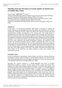 Modeling Seawater Intrusion to Coastal Aquifers in South Coast of Laizhou Bay, China