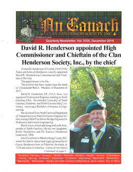 Commissioner and Chieftain of the Clan Henderson Society, Inc., by the Chief