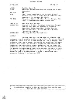 DOCUMENT RESUME Paradigms and Postmodernism in Science and Science 32P.; Paper Presented at the National Science Teachers Associ