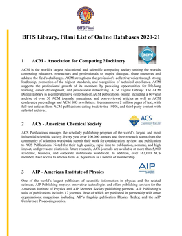 BITS Library, Pilani List of Online Databases 2020-21