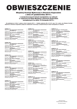 Miejskiej Komisji Wyborczej W Brześciu Kujawskim Z Dnia 27 Października 2014 R