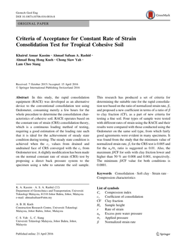 Criteria of Acceptance for Constant Rate of Strain Consolidation Test for Tropical Cohesive Soil