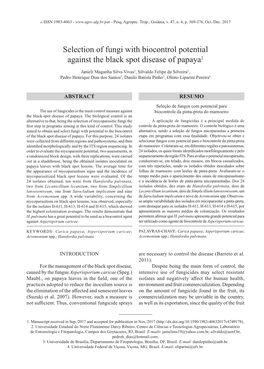 Selection of Fungi with Biocontrol Potential Against the Black Spot Disease of Papaya1