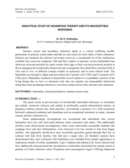 Analytical Study of Helminthic Therapy and Its Insusceptible Responses