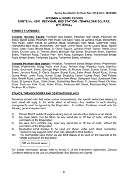 ROUTE No. N381: PECKHAM, BUS STATION - TRAFALGAR SQUARE, WHITEHALL
