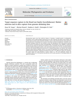 Target Sequence Capture in the Brazil Nut Family (Lecythidaceae): Marker T Selection and in Silico Capture from Genome Skimming Data ⁎ Oscar M