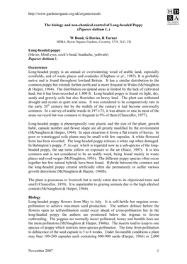 November 2007 1 the Biology and Non-Chemical Control of Long-Headed Poppy (Papaver