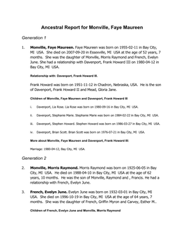 Ancestral Report for Monville, Faye Maureen