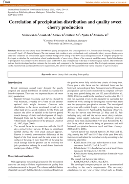 Correlation of Precipitation Distribution and Quality Sweet Cherry Production