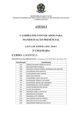 Anexo I 2ª Chamada Curso: Logística