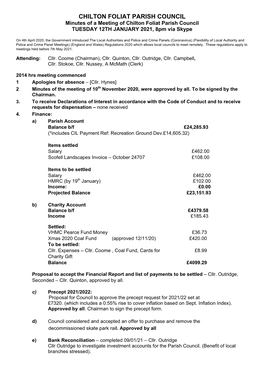 CHILTON FOLIAT PARISH COUNCIL Minutes of a Meeting of Chilton Foliat Parish Council TUESDAY 12TH JANUARY 2021, 8Pm Via Skype